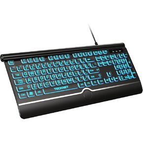 TECKNET Large Print Backlit Keyboard, Wired USB-A Computer Keyboard with Wrist Rest, 7-Color Backlit, Oversized Letter Keys Easy to See, Plug-and-Play, Silent, Foldable Stands for Windows/PC/Laptop