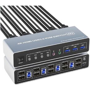 4K@60Hz 4 Port Dual Monitors KVM Switch Supports EDID Emulators, with Audio Microphone Output and 3 USB 3.0 Ports,4 in 2 Out(with EU Plug)