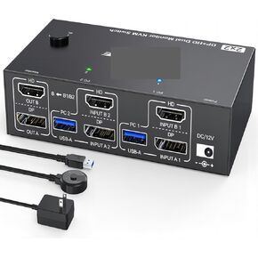 8K KVM Switch 2 Monitors 2 Computers,HDMI + Displayport Dual Monitor KVM Switch with 4 USB 3.0 Port for Keyboard Mouse Printe(AU Power Adapter)