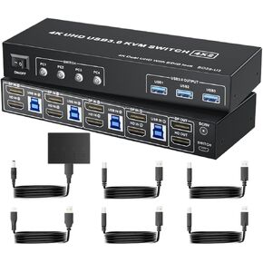 4K@60Hz USB 3.0 HDMI Displayport KVM Switcher HDMI 2.0 DP Extended Display Switch for 4 Computers Share 2 Monitors(EU Power Plug)