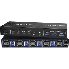 4 Port HDMI+DP Switch for 4 PC 2 Switors ، 4K@60Hz KVM Switch Dual Monitor 4 PC مع ميكروفون صوتي و 3 منافذ USB 3.0 (مع قابس الولايات المتحدة)