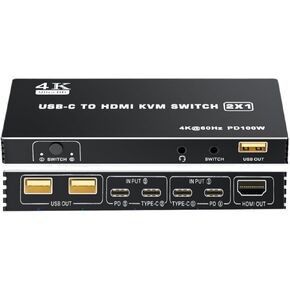 Type-C USB-C to HDMI KVM 2X1 Switcher Dual Port 4K@60Hz Video HDMI 2.0 2 in 1 Out Switch with PD Charging for Computer