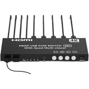4K HDMI KVM Switch 4x1 Quad Multi Viewer 4 in 1 Out KVM HDMI Screen Multiviewer Seamless for 4 PC Share Mouse Keyboard(US Power Plug)