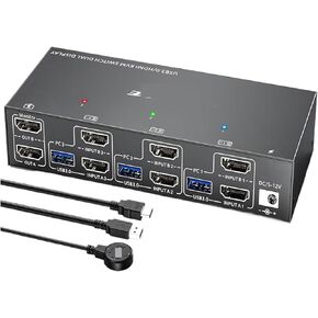 HDMI KVM Switch 3 Computers 2 Monitors, KCEVE 4K Dual Monitor USB 3.0 with EDID Emulator,for 3 PC Share 2 Displays 4 USB Devices(with EU Plug)