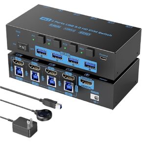 8K HDMI KVM Switch 4 Computers Share 1 Monitor, EDID Function KVM Switch HDMI 4 Port 8K@60Hz 4K@144Hz for 4 USB Devices(8401B,EU Plug)