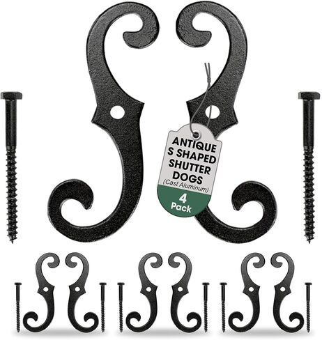 Renovators Supply Manufacturing Black Shutter Dogs 6.5 in. Decorative S Shaped Cast Aluminum Shutter Dogs with Mounting Hardware Pack of 4 in Saudi Arabia