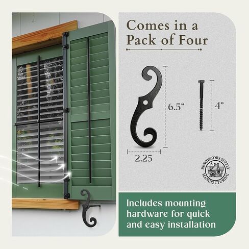 Renovators Supply Manufacturing Black Shutter Dogs 6.5 in. Decorative S Shaped Cast Aluminum Shutter Dogs with Mounting Hardware Pack of 4 in Saudi Arabia