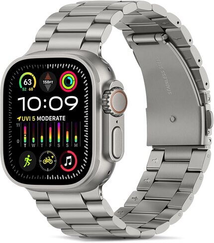 Tasikar Band Compatible with Apple Watch Band 49mm 45mm 44mm 42mm Premium Stainless Steel Metal Replacement Strap Compatible with Apple Watch Ultra 2 Ultra Series 9 8 7 6 5 4 3 2 1 SE, Titanium in Kuwait