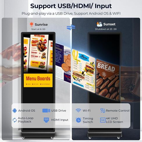 Digital Signage Display, LCD Screen Digital Kiosks & Interactive Displays 4K Totem Floor Standing Auto AD Player with USB/HDMI/WiFi Android OS(65'' Black Non-Touch) in Saudi Arabia