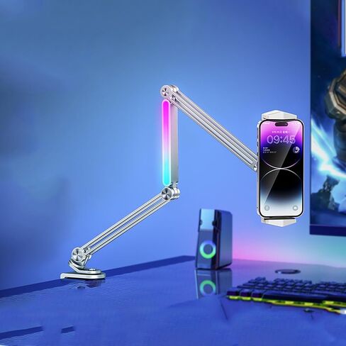 FOSA Metal Bed Phone Holder with Clamp, 360 Degree Rotation Tablet Holder, Foldable Desk Long Arm Phone Mount with Adjustable Light for Phone Tablet (Silver) in Saudi Arabia