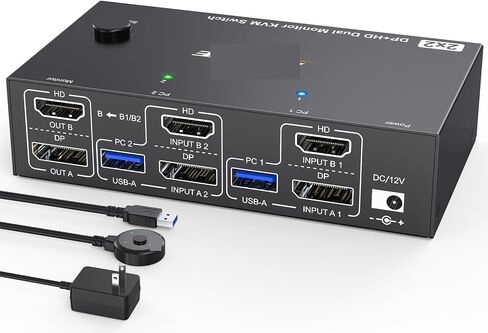 8K KVM Switch 2 Monitors 2 Computers,HDMI + Displayport Dual Monitor KVM Switch with 4 USB 3.0 Port for Keyboard Mouse Printe(AU Power Adapter) in Saudi Arabia
