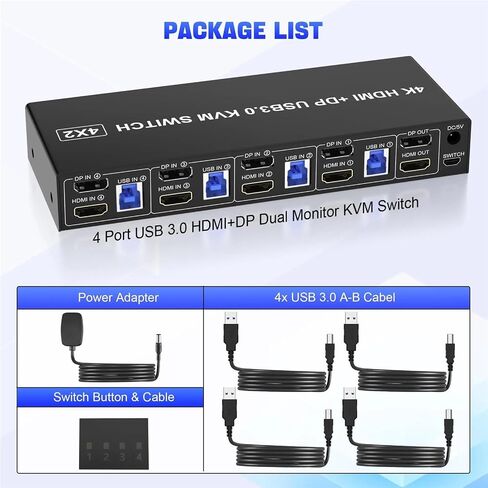 4 Port HDMI+DP Monitor Switch for 4 PC 2 Monitors,4K@60Hz KVM Switch Dual Monitor 4 PC with Audio Microphone and 3 USB 3.0 Ports(with US Plug) in Saudi Arabia