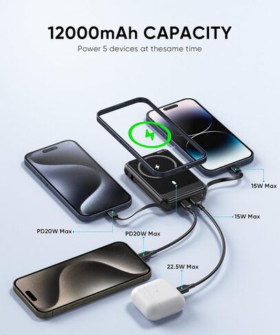 superallure Magnetic Power Bank 12000mAh for Magsafe Portable Charger, 22.5W Fast Charger Wireless Battery Pack with Built in Cables, for iPhone 16/16 Plus/16 Pro/16 Pro Max iPhone 15/14/13/12 Series in Saudi Arabia