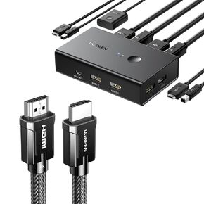 Ugreen KVM Switch 1 جهاز كمبيوتر 2 أجهزة كمبيوتر ، مشاركة 4 منافذ USB ، مفتاح HDMI KVM لطابعة الماوس لوحة المفاتيح إلى حزمة شاشة واحدة مع 8K HDMI 2.1 كابل معتمد