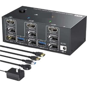 Triple Monitor Displayports HDMI USB KVM Switch 8K@60Hz 4K@144Hz 3 Monitors 2 Computers KVM(US Plug)