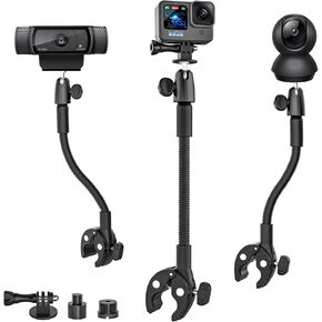 تركيب كاميرا مشبك Gooseneck مع 1/4 "3/8" 5/8 "المسمار ، اذهب محترات للحامل للمقود ، مكتب ، أنبوب ، شريط متقاطع ، متوافق مع GoPro Hero 13/Baby Monitor/Logitech Webcam/Insta 360/Field/Field