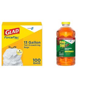 CloroxPro Glad ForceFlex 13 Gallon Tall Kitchen Drawstring Trash Bags, 100 Count and Pine-Sol Multi-Surface, All-Purpose Cleaner, 2x Concentrated Formula, Original Pine, 80 Fl Oz (Package May Vary)