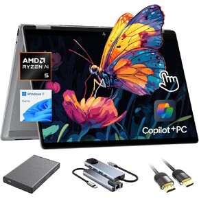 HP OmniBook X Flip Copilot+ PC Laptop Computer, 2-in-1 16" FHD Touchscreen Laptop, AMD Ryzen AI 5, 16GB RAM, 512GB SSD + 1TB Portable HDD, HDMI & USB Hub, Backlit Keyboard, WiFi 6E + BT, Windows 11