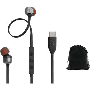 JBL Tune 310C Wired Hi-Res USB-C in-Ear Headphones with Microphone, Tangle-Free Flat Cable, 3-Button Remote, Pure Bass Sound, Compatible with iPhone, iPad, Android – Black, Includes Travel Pouch