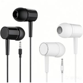 2 Packs Wired Headphones Earbuds with Microphone, in-Ear Headphones, 3.5mm Jack Corded Earphone Plug in Earbuds, Calls Compatible, for Android/Computer and Other, Black & Whlite
