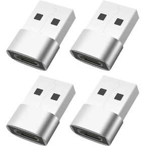 4 Pack USB to USB C Adapter/USBC Female to A Male Car Charger- Fast Charging & Data Transfer Car Charger, Silver Type C Converter for iPhone 16/16e/15/14 Plus, S25, Switch, Apple Watch
