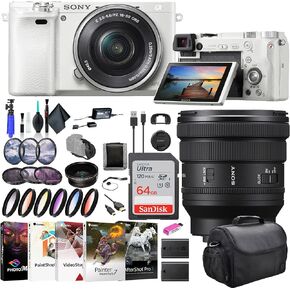 Sony Alpha a6000 Mirrorless Digital Camera with 16-50mm Lens White ILCE6000L/W, Sony FE PZ 16-35mm Lens, Filter Kit, Wide Angle Lens, Color Filter Kit, Bag, 64GB Card, and More