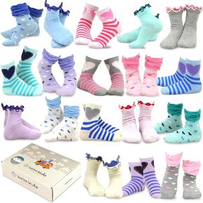 TeeHee Little Girls and Toddler Cute Novelty and Fashion Cotton Crew Socks 18 Pair Pack Gift Box (9-10 Years, Hearts) in Kuwait
