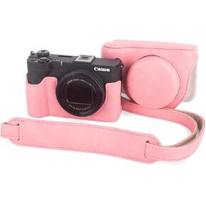 MUZIRI KINOKOO Camera Case for Canon Powershot V1 Vlog Camera, PU Leather Dermatoglyph Protective Cover for Canon V1, Detachable Carrying Case with Adjustable Shoulder Strap - Pink