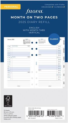 Filofax Calendar Diary Refill, Personal/Compact Size, Month-to-View, with Tabs, White Paper, Ruled, English, 2024 (C68425-24) in Saudi Arabia