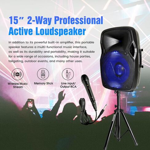 Audiopipe 15" Professional DJ Active Loudspeaker System Set (DJAP-1567A-CMB), PA System Combo Set with Microphone/Remote Control/Bluetooth/USB/LED Light, Indoor in Saudi Arabia