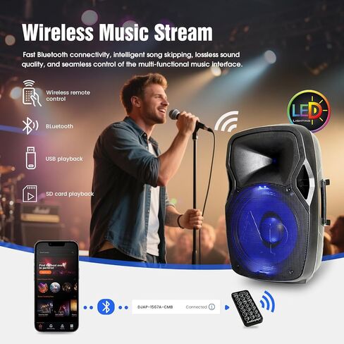 Audiopipe 15" Professional DJ Active Loudspeaker System Set (DJAP-1567A-CMB), PA System Combo Set with Microphone/Remote Control/Bluetooth/USB/LED Light, Indoor in Saudi Arabia
