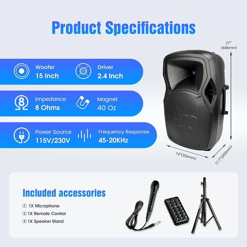 Audiopipe 15" Professional DJ Active Loudspeaker System Set (DJAP-1567A-CMB), PA System Combo Set with Microphone/Remote Control/Bluetooth/USB/LED Light, Indoor in Saudi Arabia