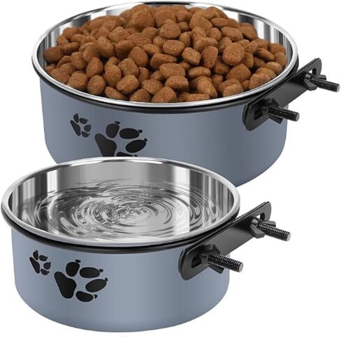 kathson 2 Pcs Dog Kennel Water Bowl, Stainless Steel Crate Water Bowl No Spill, Hanging Metal Pet Food Water Bowl Feeder for Cats Small Medium Dogs (Black) in Kuwait