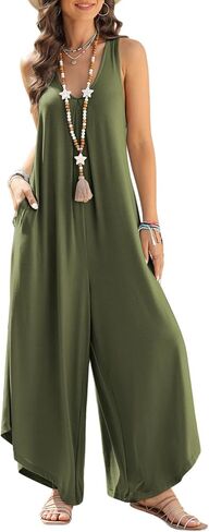 Happy Sailed Summer Jumpsuits for Women Overalls Casual Sleeveless V Neck Ruched Oversized Loose Stretchy One Piece Wide Leg Jumpsuit Romper Outfits Brown Large in Saudi Arabia