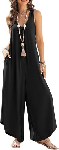 Happy Sailed Summer Jumpsuits for Women Overalls Casual Sleeveless V Neck Ruched Oversized Loose Stretchy One Piece Wide Leg Jumpsuit Romper Outfits Brown Large in Saudi Arabia