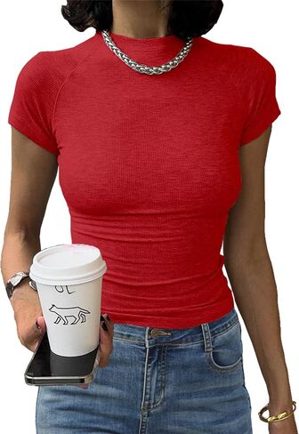 Abardsion Women's Casual Basic Knit Ribbed Tees 2024 Slim Raglan Sleeve Crewneck T Shirts Tops in Saudi Arabia