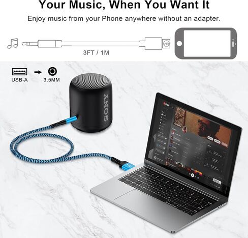 USB to 3.5mm Audio Aux Jack Cable,3FT Braided USB to Aux Converter Male to 3.5mm TRRS Headphone Adapter Stereo Audio Cord for Headphones PC Laptop Windows Computer Speaker PS5 PS4 Desktops Mac OSX in Kuwait