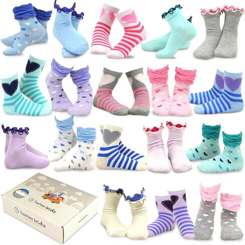 TeeHee Little Girls and Toddler Cute Novelty and Fashion Cotton Crew Socks 18 Pair Pack Gift Box (9-10 Years, Hearts) in Kuwait