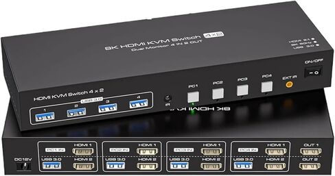 8K HDMI KVM Switch 2 شاشات 4 أجهزة الكمبيوتر 4K 144Hz عرض مزدوج 4x2 USB 3.0 KVM ل 4 PC مشاركة الماوس لوحة المفاتيح (قابس الطاقة الاتحاد الأوروبي) in Kuwait