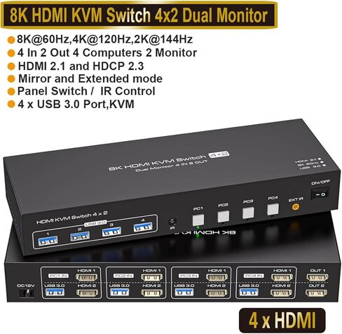 8K HDMI KVM Switch 2 شاشات 4 أجهزة الكمبيوتر 4K 144Hz عرض مزدوج 4x2 USB 3.0 KVM ل 4 PC مشاركة الماوس لوحة المفاتيح (قابس الطاقة الاتحاد الأوروبي) in Kuwait
