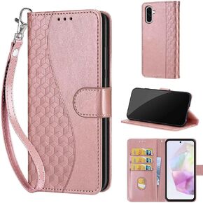 Designed for Samsung Galaxy A36 5G Case Wallet,Women Flip Folio Cover with Embossed PU Leather Stand Credit Card Holders Slots Wrist Strap Phone Case for Samsung A36 (Rose Gold Butterfly)
