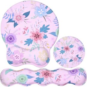 Keyboard Wrist Rest + Mouse Wrist Rest Pad + Cup Coaster,Ergonomic Durable Non-Slip Memory Foam Support for Office,Home,Gaming,Computer,Laptop,Easy Typing and Pain Relief,Cyan Flower