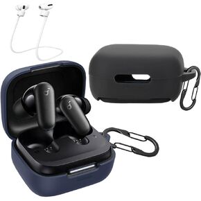 [2 Pack] easyBee Case Compatible with Soundcore P30i Charging Cover, with 2 Keychain and Anti-Lost Strap, Soft Liquid Silicone Ultra Thin Shockproof Protective Kit - Black and Blue