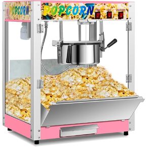 Commercial Popcorn Machine, 8 Oz Kettle, 850 W Countertop Popcorn Maker for 48 Cups per Batch, Theater Style Popper with 3-Switch Control Steel Frame Tempered Glass Doors (Pink, 8OZ)