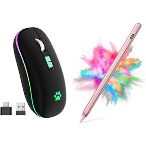 2.4G Rechargeable Wireless Mouse, 7 Color Breathing Lights Computer Mouse (Black-Black Nose) Bundle with Stylus Pen for iPad, Apple Pencil for iPad 2018-2023 with Palm Rejection (Rose Gold)