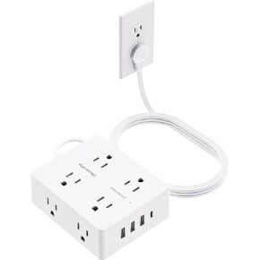 Flat Extension Cord with Outlet Cover, Olcorife Flat Plug Power Strip with 8 Outlets and 4 USB Ports, 2000 Joules Surge Protector, 5 FT Cord Hidden Outlet Extender for Tight Spaces
