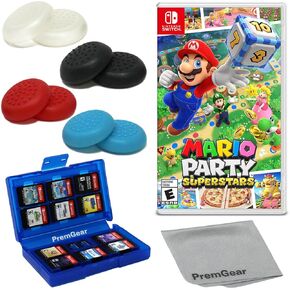 Mario Party Superstars for Nintendo Switch (US Version), with PremGear Thumb Grips (8 pack - Black, Blue, Red & Clear), 24 Slot Game Card Holder & Cleaning Cloth