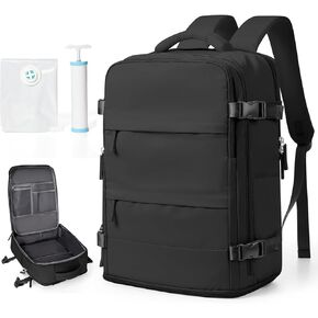 Black Travel Backpack For Women Men Carry On Backpack With Vacuum Compression Seal Bags Personal Item Travel Bag Space Saver Vacuum Storage Bags With Manual Pump