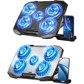 Laptop Cooling Pad,Laptop Fan Cooler with 5 Quiet Fans for 12-15.6 Inch,Laptop Cooling Stand with 5 Height Adjustable,2 USB Ports, Phone Stand (Black & Silver)