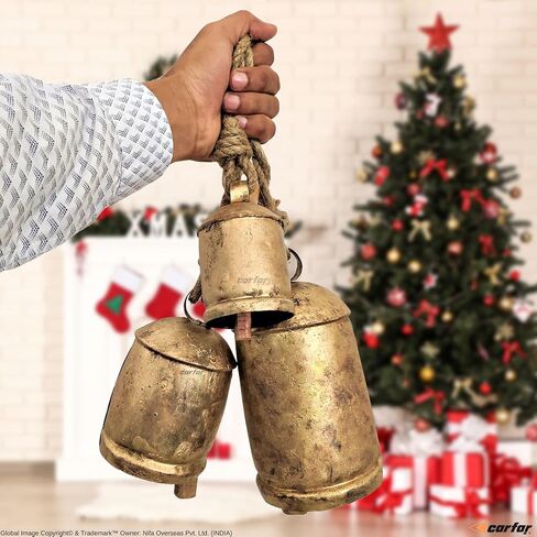 كارفار مجموعة من 3 اجراس بنمط ريفي مقاس XL مصنوعة يدويا من المعدن العملاق على حبل الجوت in Kuwait